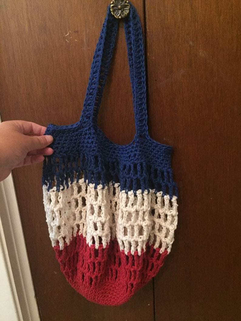 Patriotic Pocket Market bag Shopping bag handmade crochet red white blue 100/% Cotton