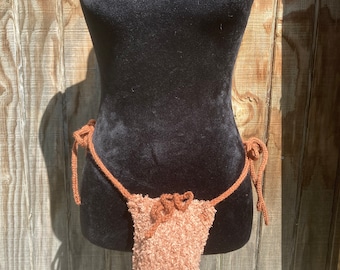 Willie Warmer thong pouch: fuzzy soft polyester yarn Custom Sizes available handmade knit