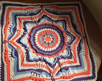 Mandala blanket Lapghan or meditation rug, Colorful mercerized cotton, handmade crochet