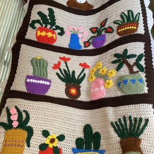 May include: A crocheted blanket with a beige background and brown stripes. The blanket features a variety of colorful potted plants, including cacti, succulents, and leafy plants.