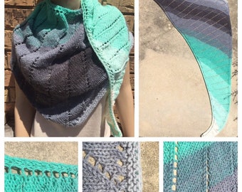 Asymmetrical shawl, green & grey gradient, Acrylic , hand knit