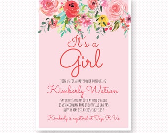 Pink Floral Baby Shower Invitation, It's a Girl, Floral invitations, Printable Baby Shower Invites