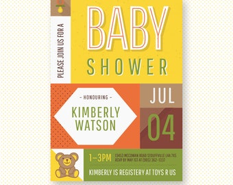 Mid Century baby shower invitation, retro vintage baby invite, teddy bear and soother baby invite, editable PDF