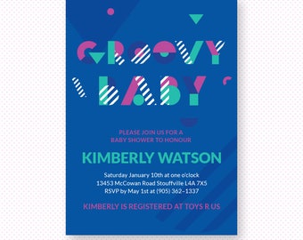 Groovy baby 80s baby shower invite, funky electric retro baby shower invitation, printable editable pdf