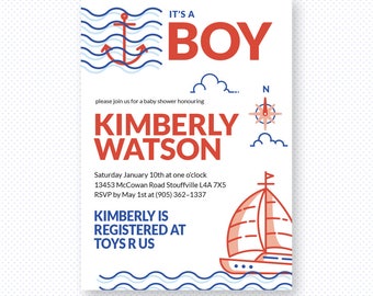 Nautical Baby Shower Invitation, Baby shower invitations, Aquatic baby shower, Sailing and anchor baby shower invite, Editable PDF