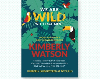 Jungle baby shower invitation, safari baby shower printable invite, birds of paradise invitation, editable PDF