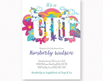 Unicorns Floral Baby Shower Invitations, Vibrant colorful baby shower invites, rainbow baby shower invitations, baby shower, editable PDF