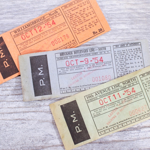 3 x Vintage Bus Tickets NYC New York NY Bruckner Williams Bridge 10th Ave 1950 Transportation Ephemera