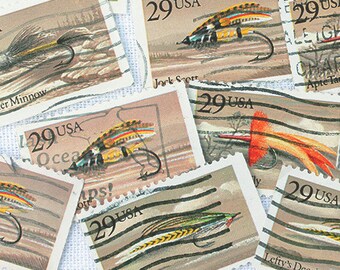 15 x Fly Fishing Flies Vintage Postage Stamps Let's Go Fishing! Man Cave Fathers Day Dad Books Scrapbooking Paper Supplies Junk Journal