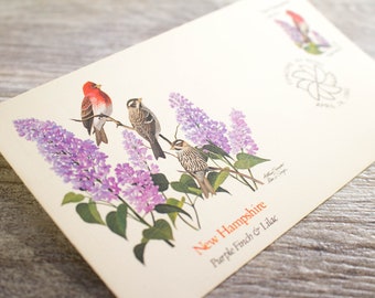Vintage New Hampshire State 1982 Purple Finch Lilac Stamp Envelope Stamped Post Office Hand Cancelled Stationery Invite
