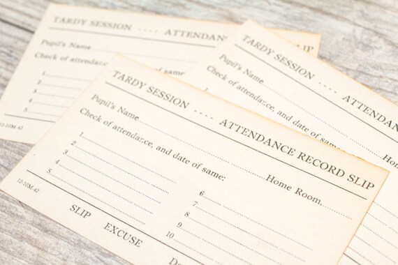 4x vintage school tardy slip late absent attendance record form teacher excuse home room smash book junk journal attendance record form