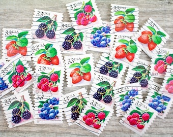 24x Botanical Berry Postage Stamps - Strawberry, Raspberry, Blueberry, Blackberry | Edible Garden Bowl | Berries Junk Journal Scrapbook