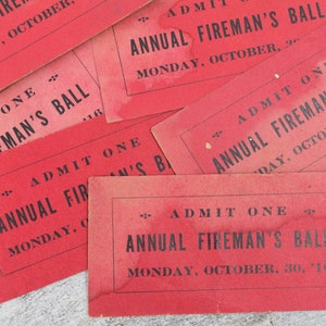 3x Vintage Fireman&#39;s Ball Tickets Red Paper Supplies Gift for Him Ephemera