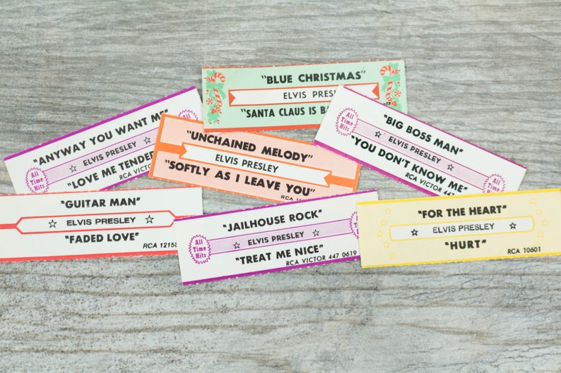 7x Vintage Elvis Jukebox Labels 1970s Jailhouse Rock Blue Christmas Music Titles Elvis Presley Smash Book Paper Junk Journal