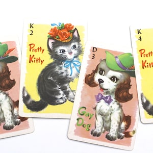 4x Vintage Cat Dog Swap Cards | Pretty Kitty and Gay Dog Childs Game | Flashcards Picture Paper Supplies Scrapbooking Smashbook