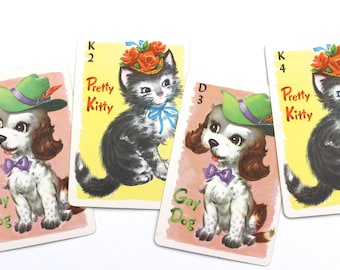4x Vintage Cat Dog Swap Cards | Pretty Kitty and Gay Dog Childs Game | Flashcards Picture Paper Supplies Scrapbooking Smashbook
