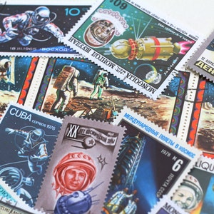 15x Vintage Postage Stamps Astronaut Shuttle Galaxy Moon Jupiter Planets Astronomy SpaceX Scrapbooking Vintage Paper Supplies Junk Journal image 2