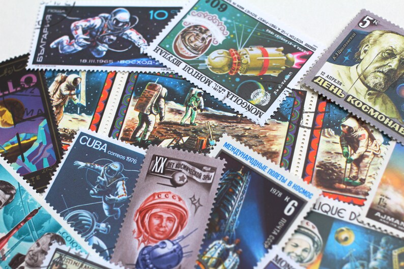 15x Vintage Postage Stamps Astronaut Shuttle Galaxy Moon Jupiter Planets Astronomy SpaceX Scrapbooking Vintage Paper Supplies Junk Journal image 2