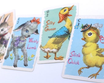 4 Spring Bunny Chick Lamb Goose Game Cards, Swap Trading Playing, Paper Lot Supplies, Decor, Scrapbooking, Collectable Ephemera