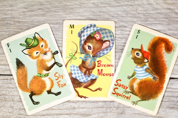 Vintage Animal Cards Fox Mouse Squirrel Child's Game 1960s Junk Journal Smash Book