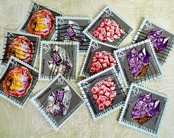 12x Vintage Crystals, Gems and Rocks Stamps Postage Set of 12 Altered Paper Scrapbooking Junk Journal Paper