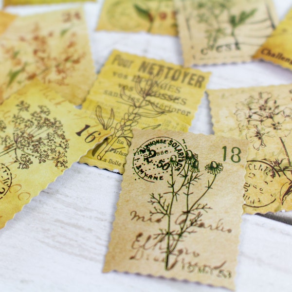 15x Vintage Botanical Stamp Stickers Floral Flowers Scalloped Edge All Different Altered Paper Scrapbooking Junk Journal Paper