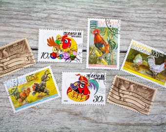 7x Chicken Hen Postage Stamps | Vintage Rooster | Paper Smash Book Junk Journal