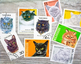 9x Vintage Black Cat Postage Stamps Halloweeen Print Decor Pictures Superstitious | Junk Journal Scary Magic Scrapbook