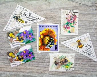 7x Vintage Bee Stamps Postage Honey Flower Botanical | All Different Altered Paper Scrapbooking | Junk Journal Supplies