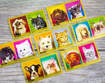 14x Vintage Cat & Dog Duo Postage Stamps | Kitten Puppy Junk Journal | Collage Ephemera | Paper Supplies Scrapbooking