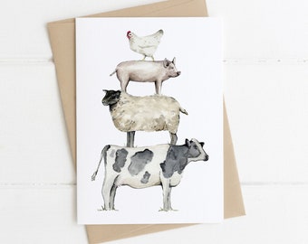 Animal Stack Greeting Card, Farm Animal Card, Rustic Animal Greeting Card, Cute Card Any Occasion, Holstein Cow Pig Sheep Chicken Card