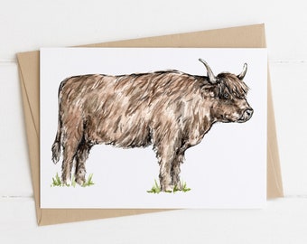 Highland Cow Greeting Card, Cute Cow Card, Brown Fluffy Cow Card, Farm Animal Greeting Card, Rustic Animal Card