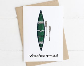 Adventure Awaits Canoe Greeting Card, Rustic Canoeing Camping Card, New Baby Card, Engagement Wedding Card, Camping Lover Card, Canoeing