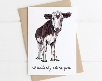 Hereford Cow Valentines Day Card, Cute Cow Love Card, I Udderly Adore You, Red and White Cow Card, Farm Animal Greeting Card