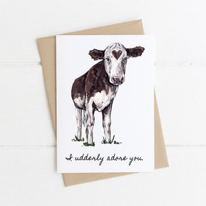 Hereford Cow Valentines Day Card, Cute Cow Love Card, I Udderly Adore You, Red and White Cow Card, Farm Animal Greeting Card