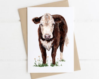 Hereford Cow Greeting Card, Cute Cow Card, Red and White Cow Card, Farm Animal Greeting Card, Rustic Animal Card