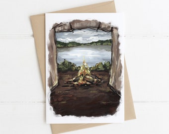 Rustic Camping Landscape Greeting Card, Landscape Campfire Greeting Card, Nature Lover Card, Outdoorsy Card, Lake Card