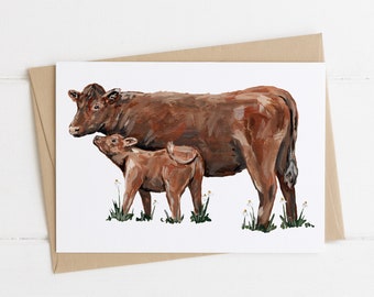 Mom and Baby Cow Greeting Card, Cute Calf Card, Brown Cow Card, Farm Animal Greeting Card, Rustic Animal Card, Mom and Baby Card