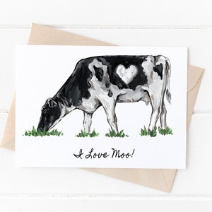 Holstein Cow Valentines Day Card, Cute Cow Love Card, I Moo You, Black and White Cow Card, Farm Animal Greeting Card, Heart Cow