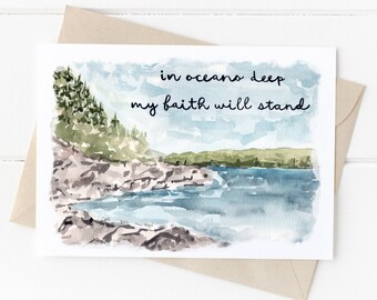 In Oceans Deep My Faith Will Stand Card, Hymn Scripture Greeting Card, Religious Card, Mourning Card, Encouragement Card, Landscape Card