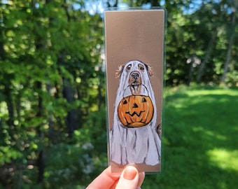 Ghost Dog Bookmark, Halloween Fall Bookmark, Rustic Painting Bookmark, Gift for Book Lover, Reader Gift, Single or Set of Four