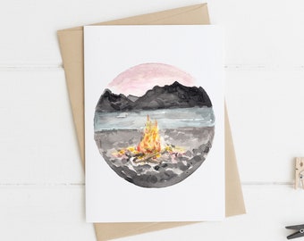 Campfire Sunset Landscape Greeting Card, Rustic Camping Card, Landscape Greeting Card, Camping Lover Card, Outdoorsy Card