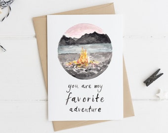 You Are My Favorite Adventure, Campfire Sunset Landscape Greeting Card, Rustic Engagement Wedding Card, New Baby Card
