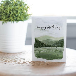 Joyeux anniversaire paysage carte, carte d'anniversaire rustique, carte d'amant de plein air, carte d'amant de la nature, carte d'anniversaire de montagne