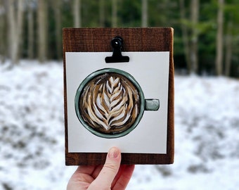 Coffee Latte Art Original Painting on Black Walnut Frame, Barista Gift, Coffee Bar Decor, Espresso Art