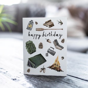 Carte de voeux joyeux anniversaire pour amateur de camping, carte de camping pour randonneur, carte d'anniversaire en plein air