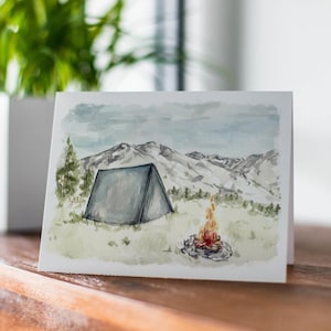 Cartão de felicitações de paisagem de fogueira, cartão de acampamento rústico, cartão de felicitações de paisagem, cartão de amante de acampamento, cartão de atividades ao ar livre