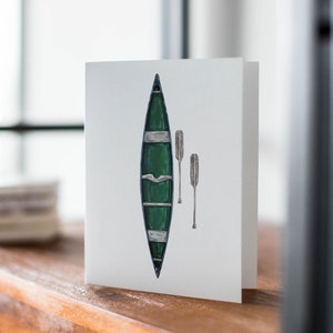 Tarjeta de felicitación de canoa, tarjeta rústica de acampada en canoa, tarjeta de felicitación para amantes de las actividades al aire libre, tarjeta para amantes de la acampada, canoa