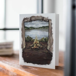 Tarjeta de felicitación con paisaje de camping rústico, tarjeta de felicitación con paisaje de fogata, tarjeta para amantes de la naturaleza, tarjeta para actividades al aire libre, tarjeta para lago