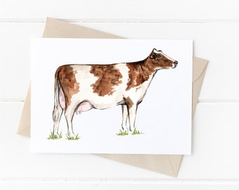 Ayrshire Cow Greeting Card, Cute Cow Card, Brown and White Cow Card, Farm Animal Greeting Card, Rustic Animal Card